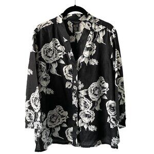 Anne Carson Floral Button-Up Shirt V-neck 3/4 Sleeves Black White Petite XL